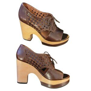 Robert Clergerie Dolio Heels Brown Size 7.5 Peeptoe Lace Up Oxford LC603